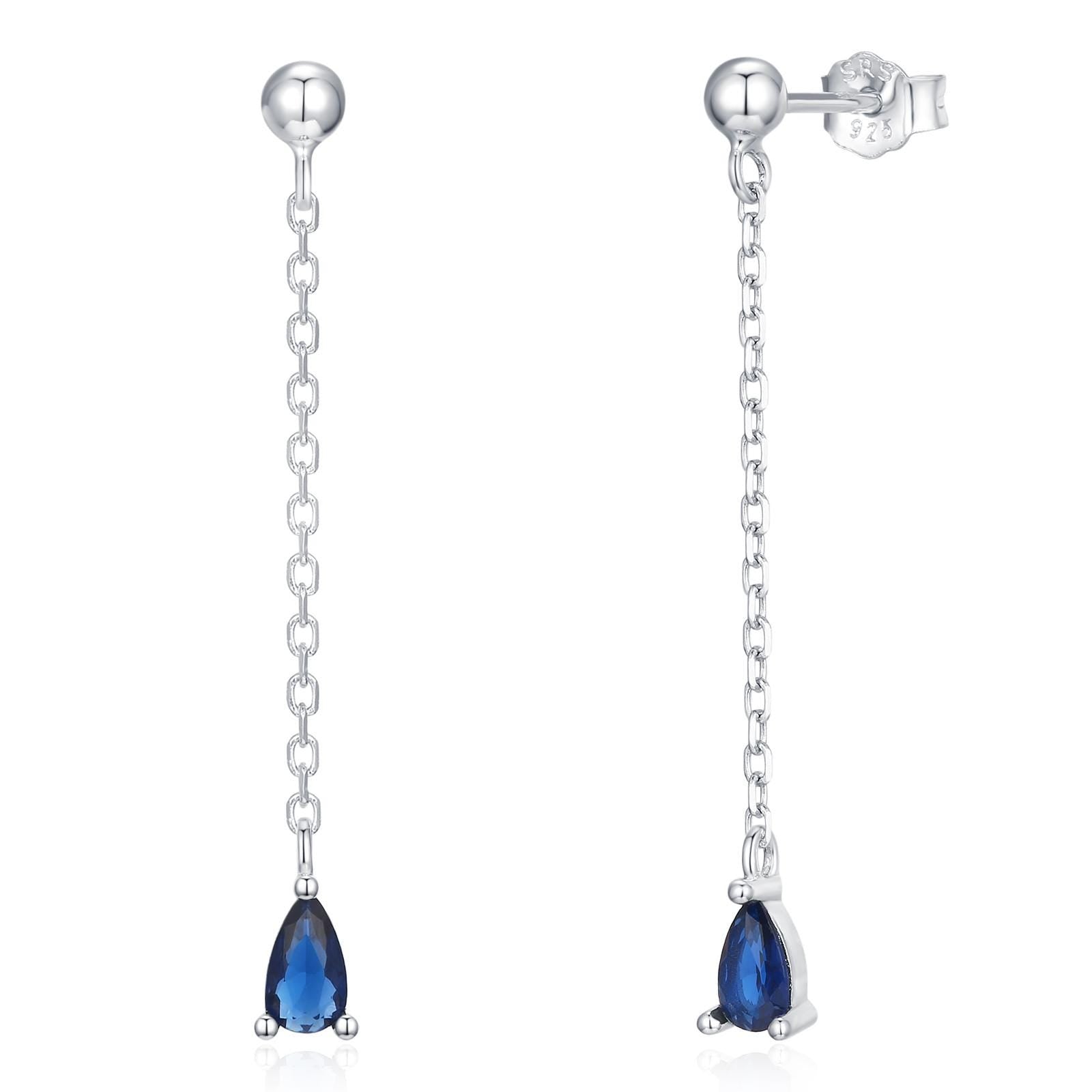 Sapphire Blue Droplet CZ with Chain Dangle Stud Earrings in Sterling Silver, Silver or Gold, Blue CZ Pear Drop Earrings