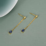 Sapphire Blue Droplet CZ with Chain Dangle Stud Earrings in Sterling Silver, Silver or Gold, Blue CZ Pear Drop Earrings