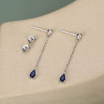 Sapphire Blue Droplet CZ with Chain Dangle Stud Earrings in Sterling Silver, Silver or Gold, Blue CZ Pear Drop Earrings