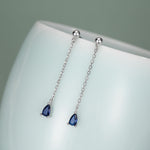 Sapphire Blue Droplet CZ with Chain Dangle Stud Earrings in Sterling Silver, Silver or Gold, Blue CZ Pear Drop Earrings
