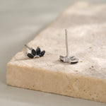 Black CZ Lotus Flower Stud Earrings in Sterling Silver