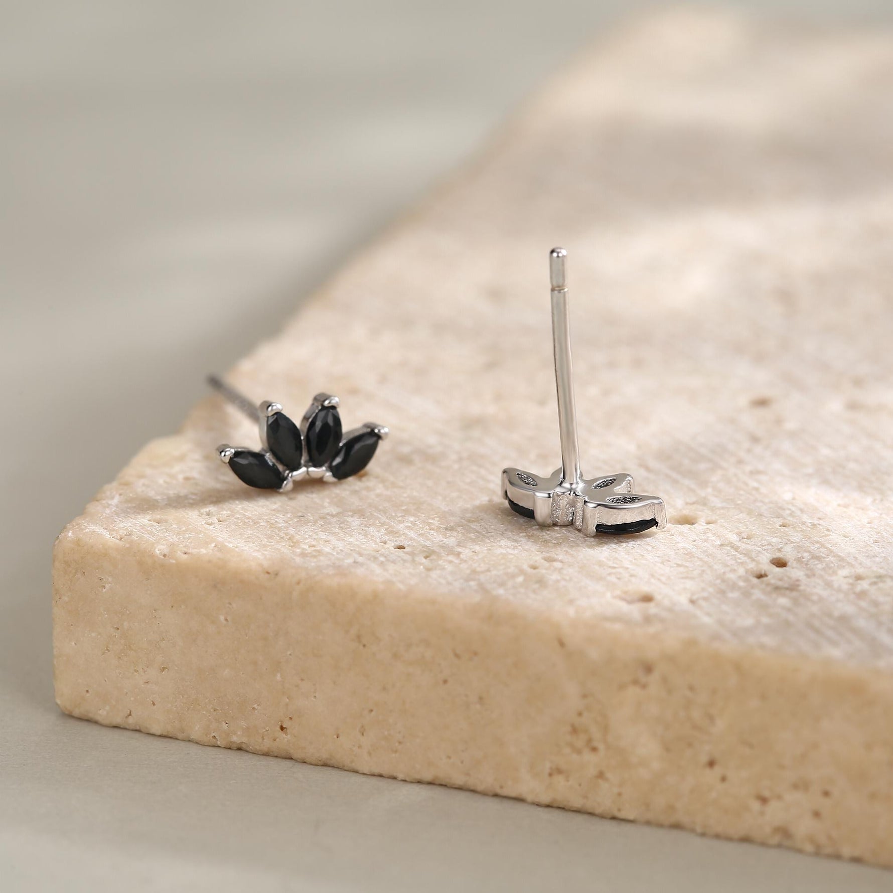 Black CZ Lotus Flower Stud Earrings in Sterling Silver