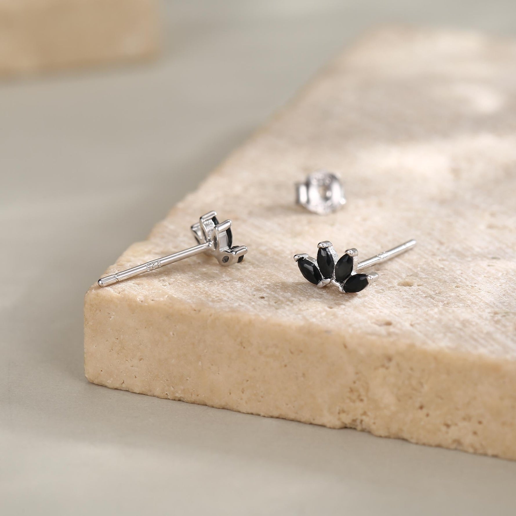 Black CZ Lotus Flower Stud Earrings in Sterling Silver