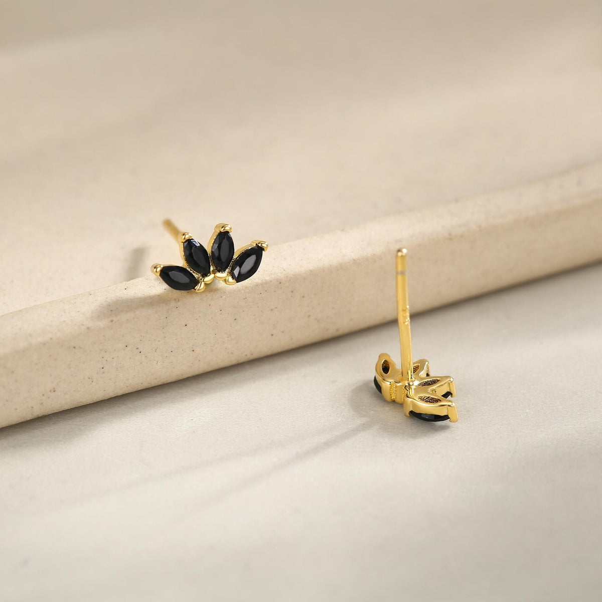 Black CZ Lotus Flower Stud Earrings in Sterling Silver