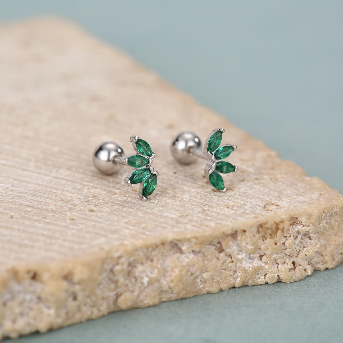 Green CZ Lotus Screw Back Earrings