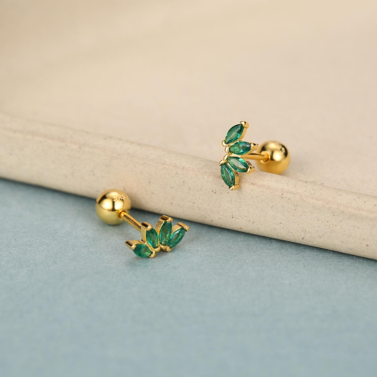Green CZ Lotus Screw Back Earrings