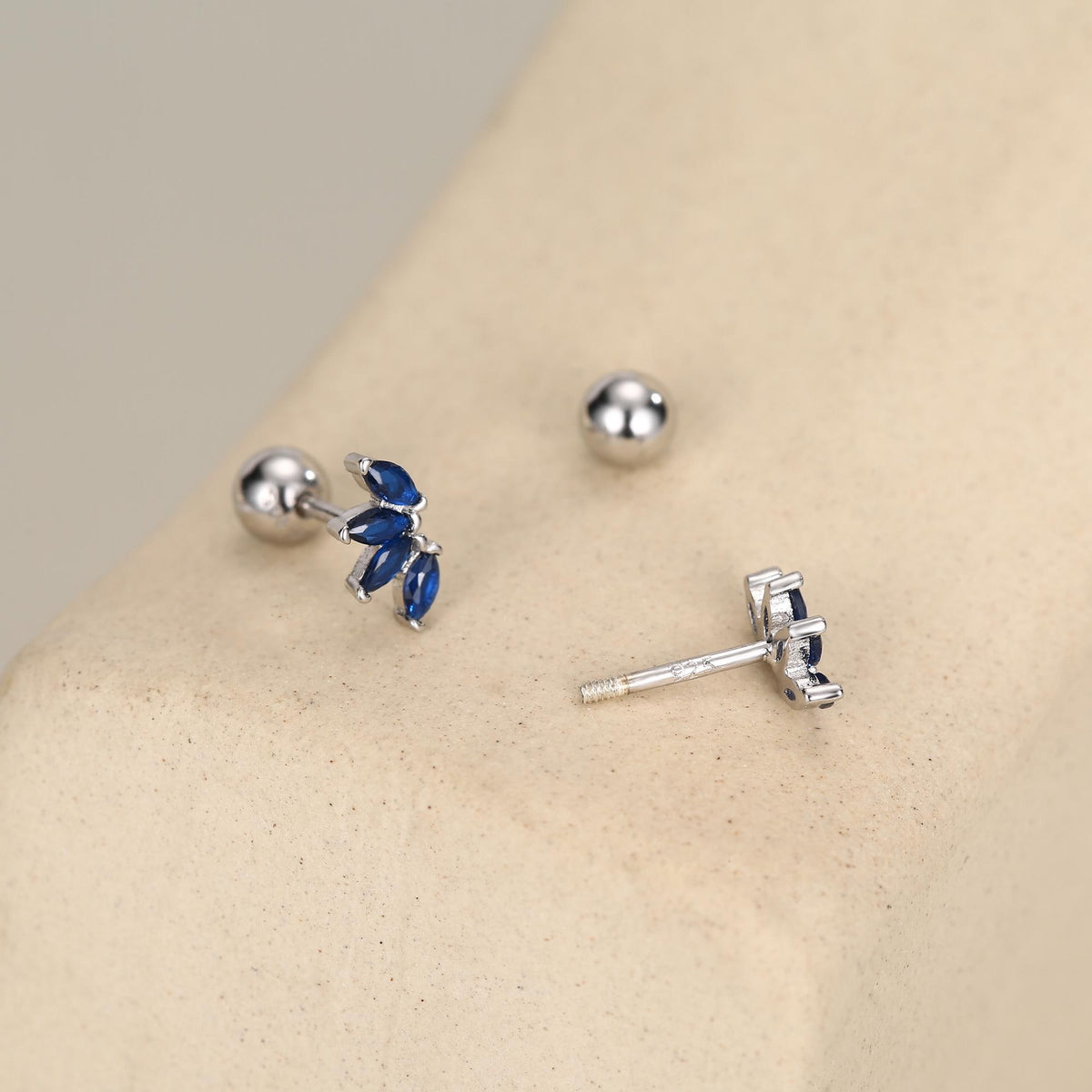 Sapphire Blue CZ Lotus Screw Back Earrings