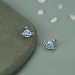 Blue CZ Saturn Planet Stud Earrings in Sterling Silver