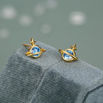 Blue CZ Saturn Planet Stud Earrings in Sterling Silver