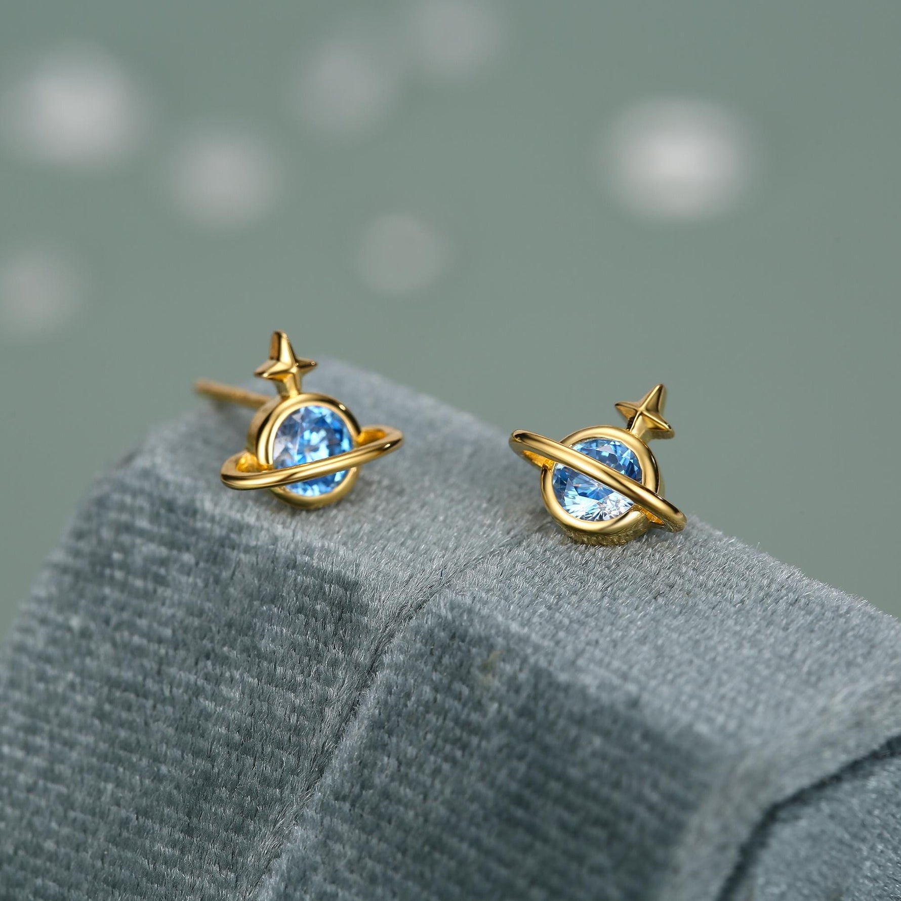 Blue CZ Saturn Planet Stud Earrings in Sterling Silver