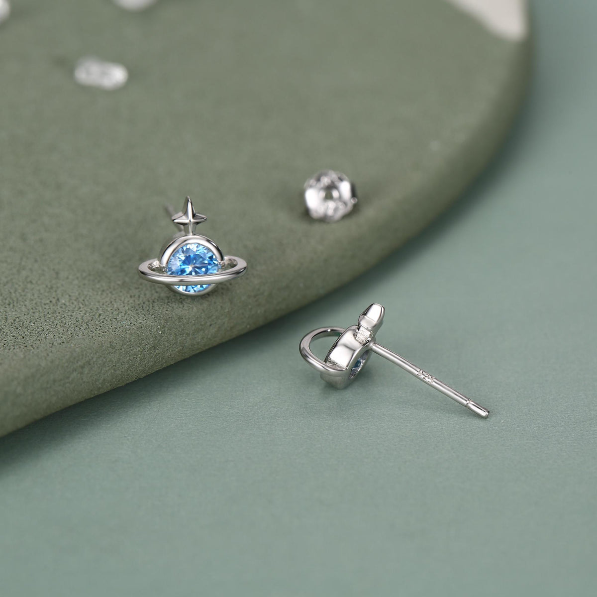 Blue CZ Saturn Planet Stud Earrings in Sterling Silver