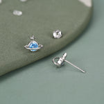 Blue CZ Saturn Planet Stud Earrings in Sterling Silver