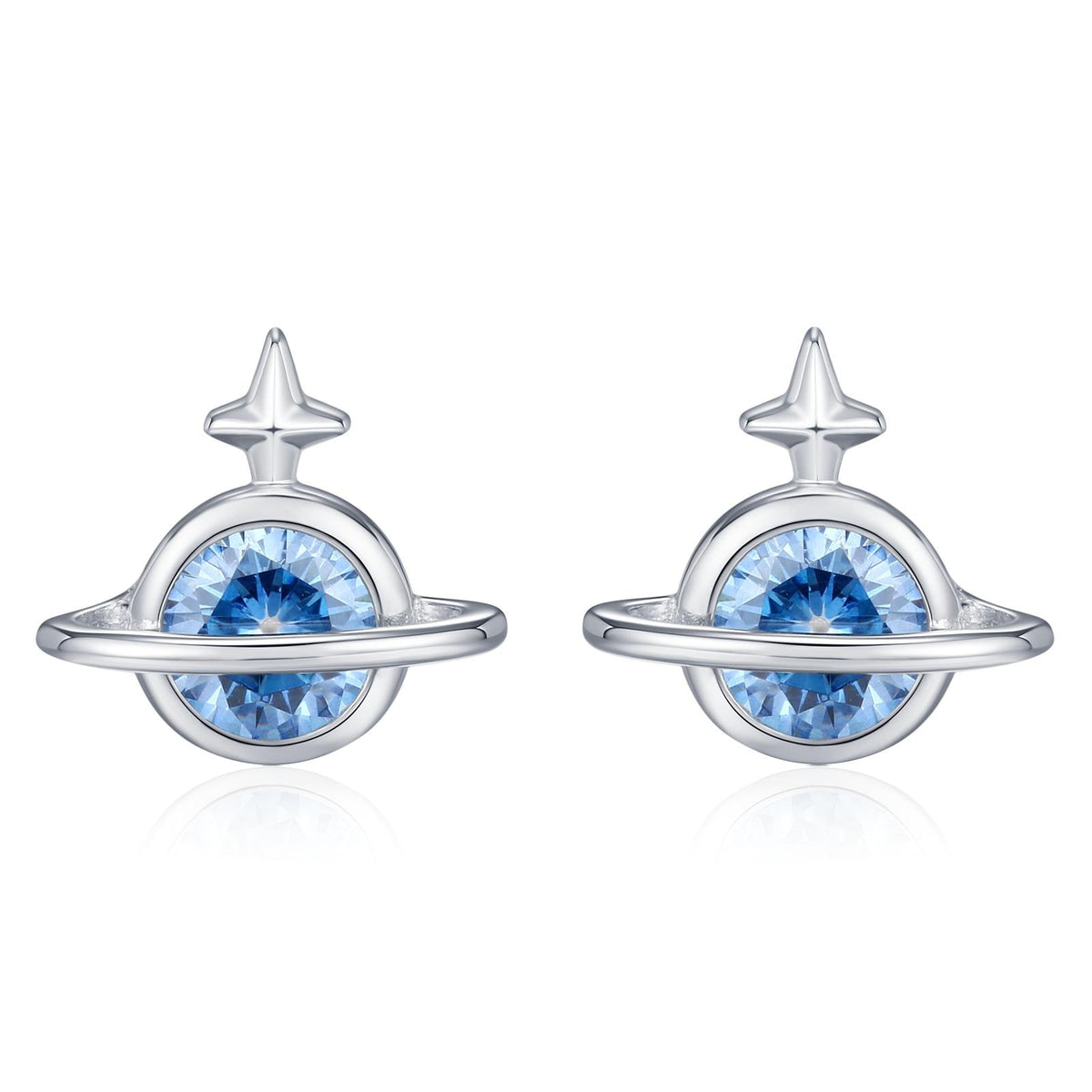 Blue CZ Saturn Planet Stud Earrings in Sterling Silver