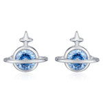 Blue CZ Saturn Planet Stud Earrings in Sterling Silver