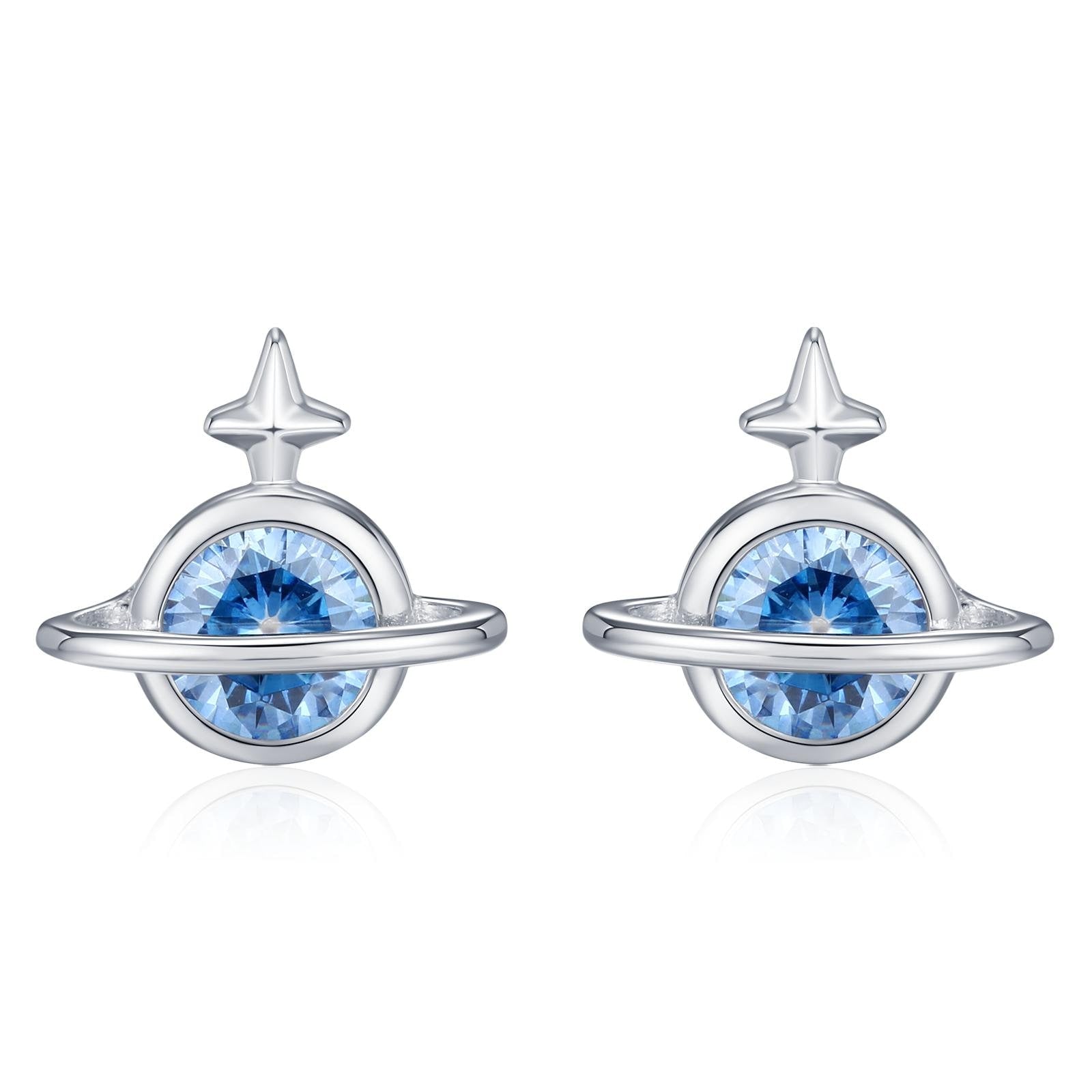 Blue CZ Saturn Planet Stud Earrings in Sterling Silver