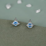 Blue CZ Saturn Planet Stud Earrings in Sterling Silver