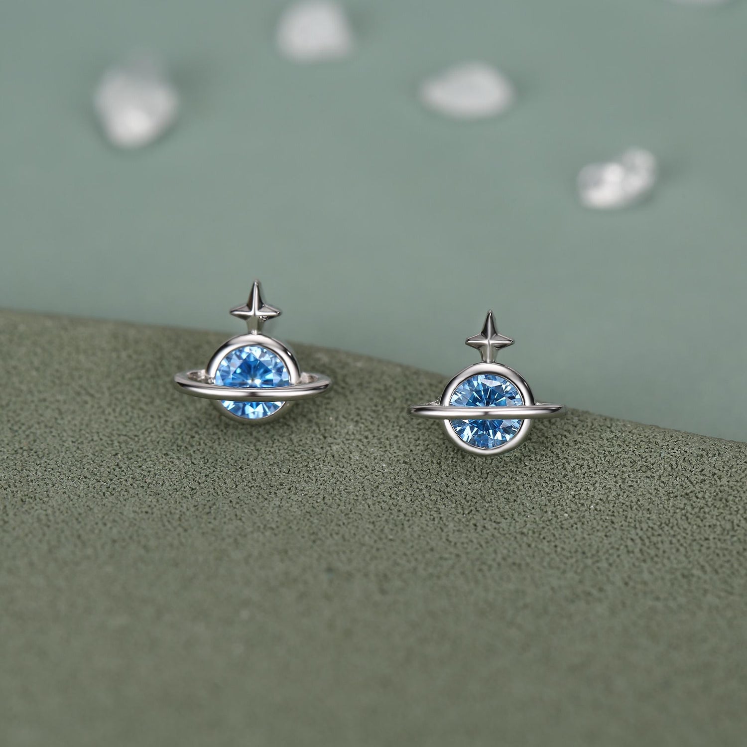 Blue CZ Saturn Planet Stud Earrings in Sterling Silver