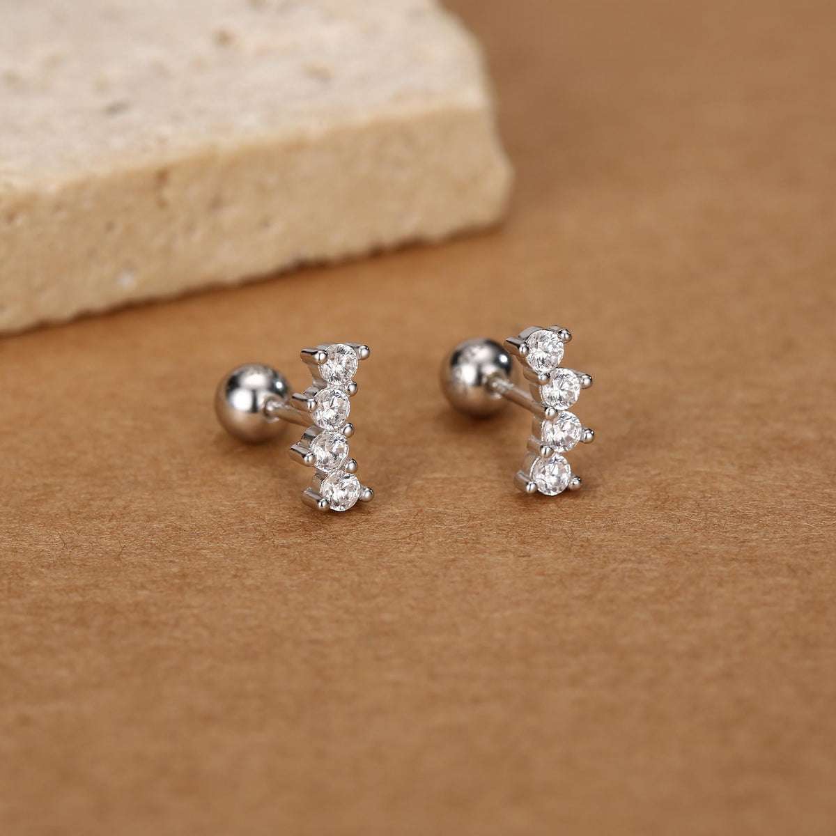 Sterling Silver Mini CZ Bar Screw Back Earrings with Ball Ends