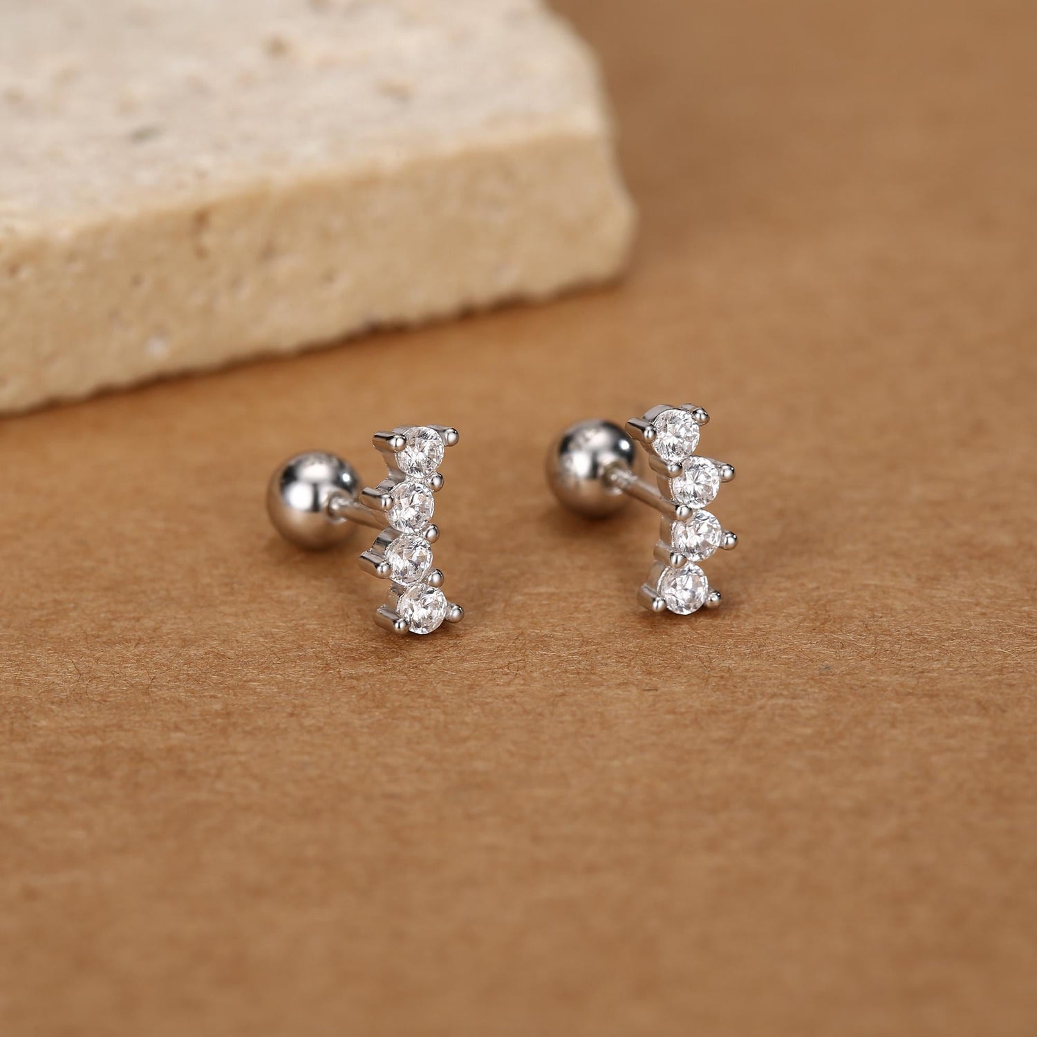 Sterling Silver Mini CZ Bar Screw Back Earrings with Ball Ends