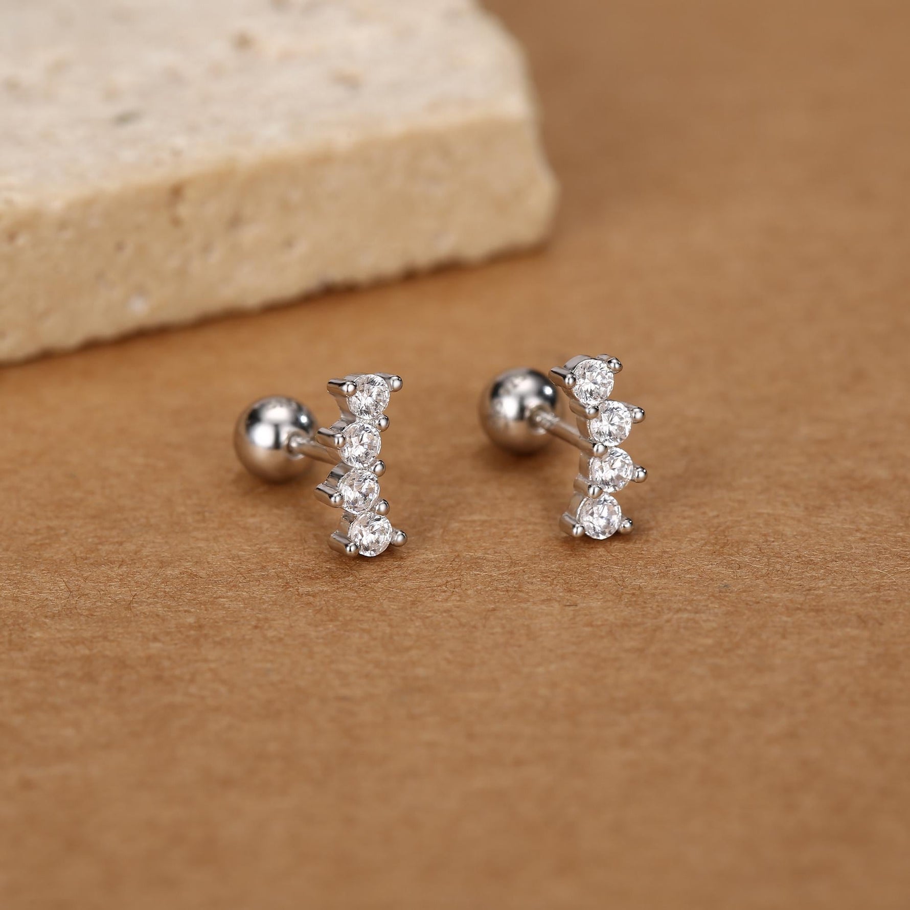Sterling Silver Mini CZ Bar Screw Back Earrings with Ball Ends
