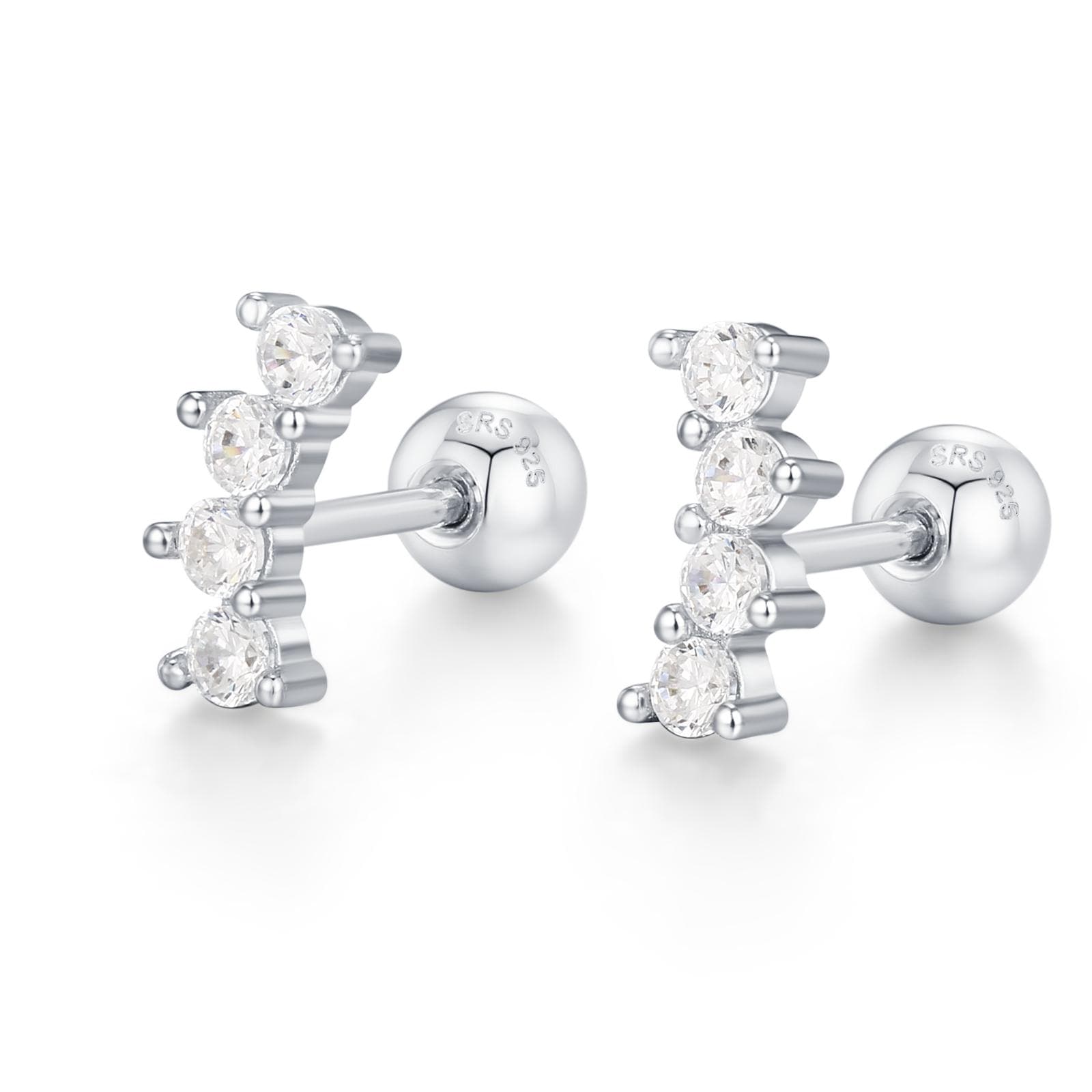 Sterling Silver Mini CZ Bar Screw Back Earrings with Ball Ends