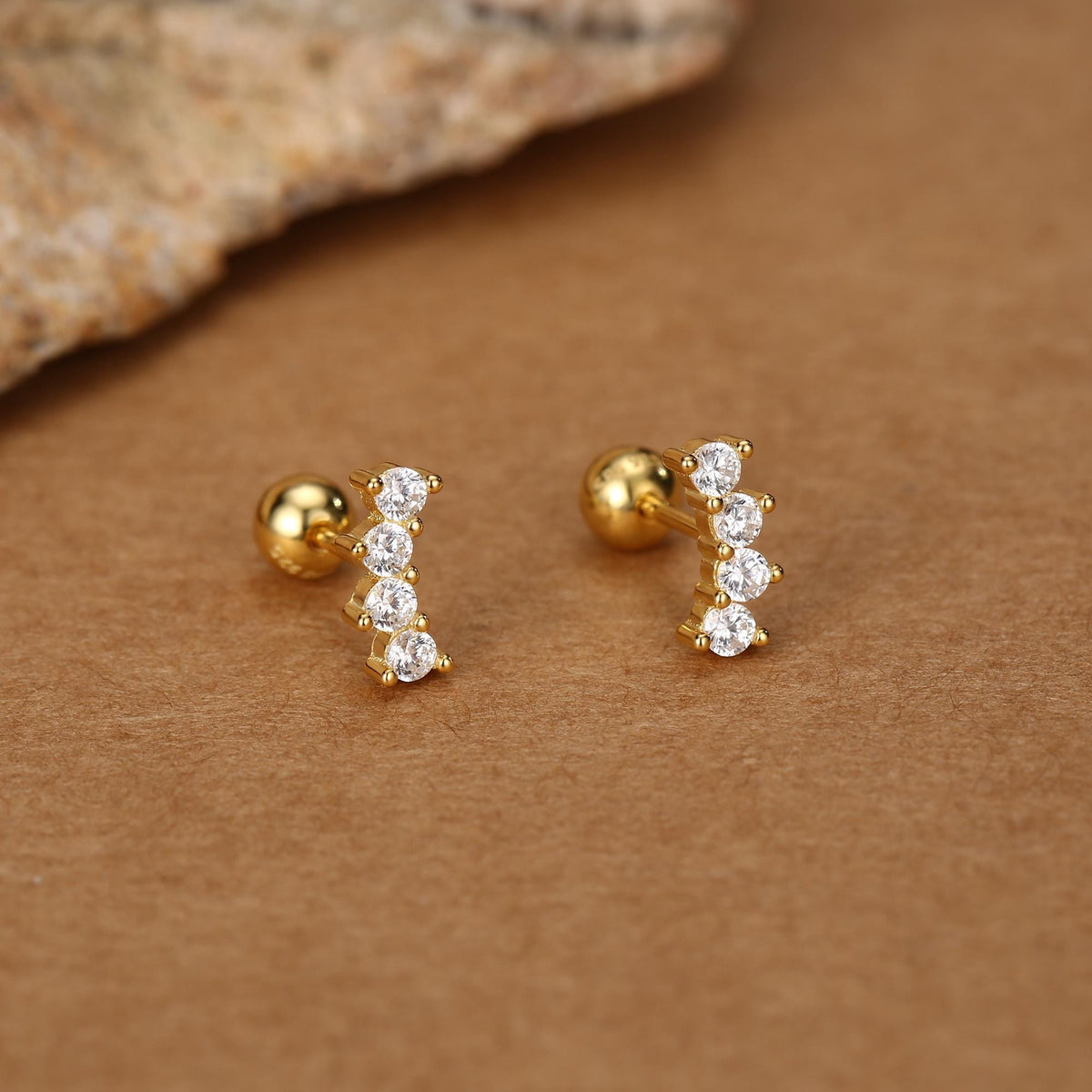 Sterling Silver Mini CZ Bar Screw Back Earrings with Ball Ends