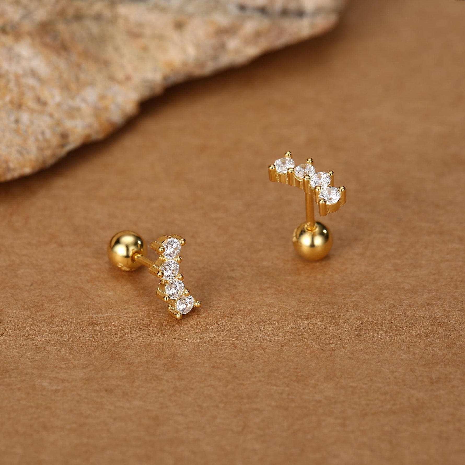 Sterling Silver Mini CZ Bar Screw Back Earrings with Ball Ends