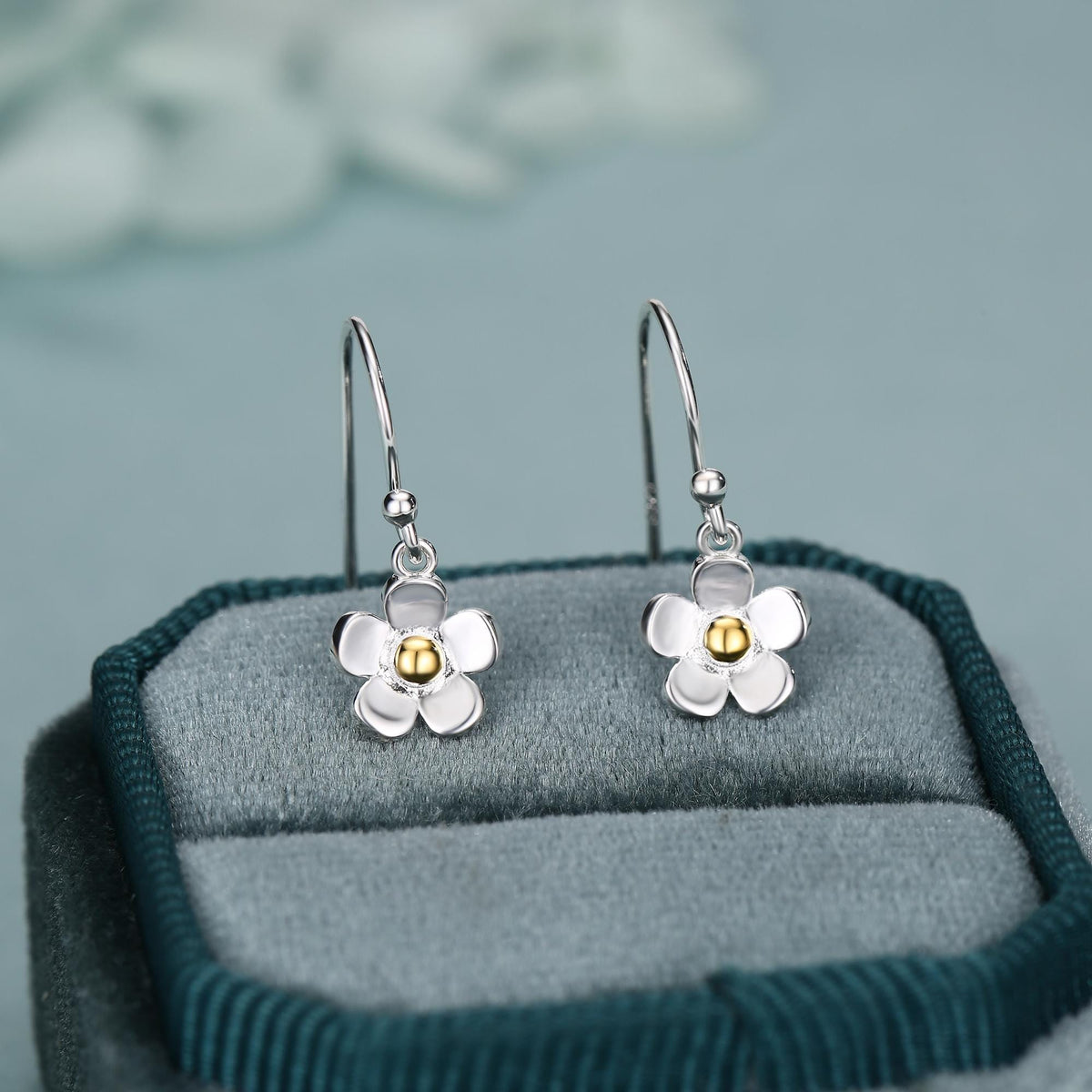 Tiny Forget Me Not Flower Drop Hook Earrings in Sterling Silver, Partial Gold, Flower hoop Earrings, Daisy Floral Earrings