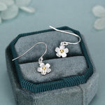 Tiny Forget Me Not Flower Drop Hook Earrings in Sterling Silver, Partial Gold, Flower hoop Earrings, Daisy Floral Earrings