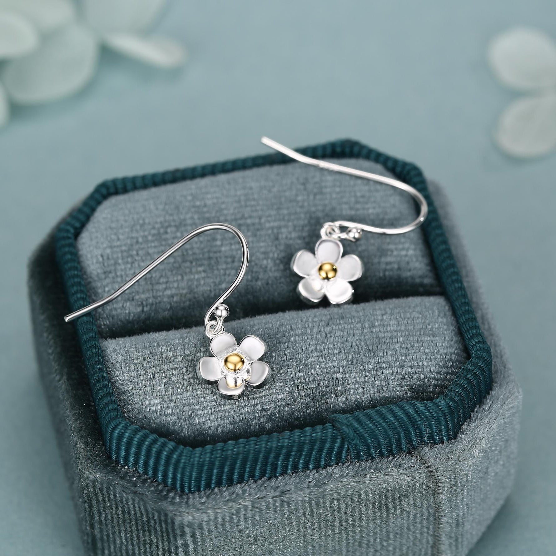 Tiny Forget Me Not Flower Drop Hook Earrings in Sterling Silver, Partial Gold, Flower hoop Earrings, Daisy Floral Earrings
