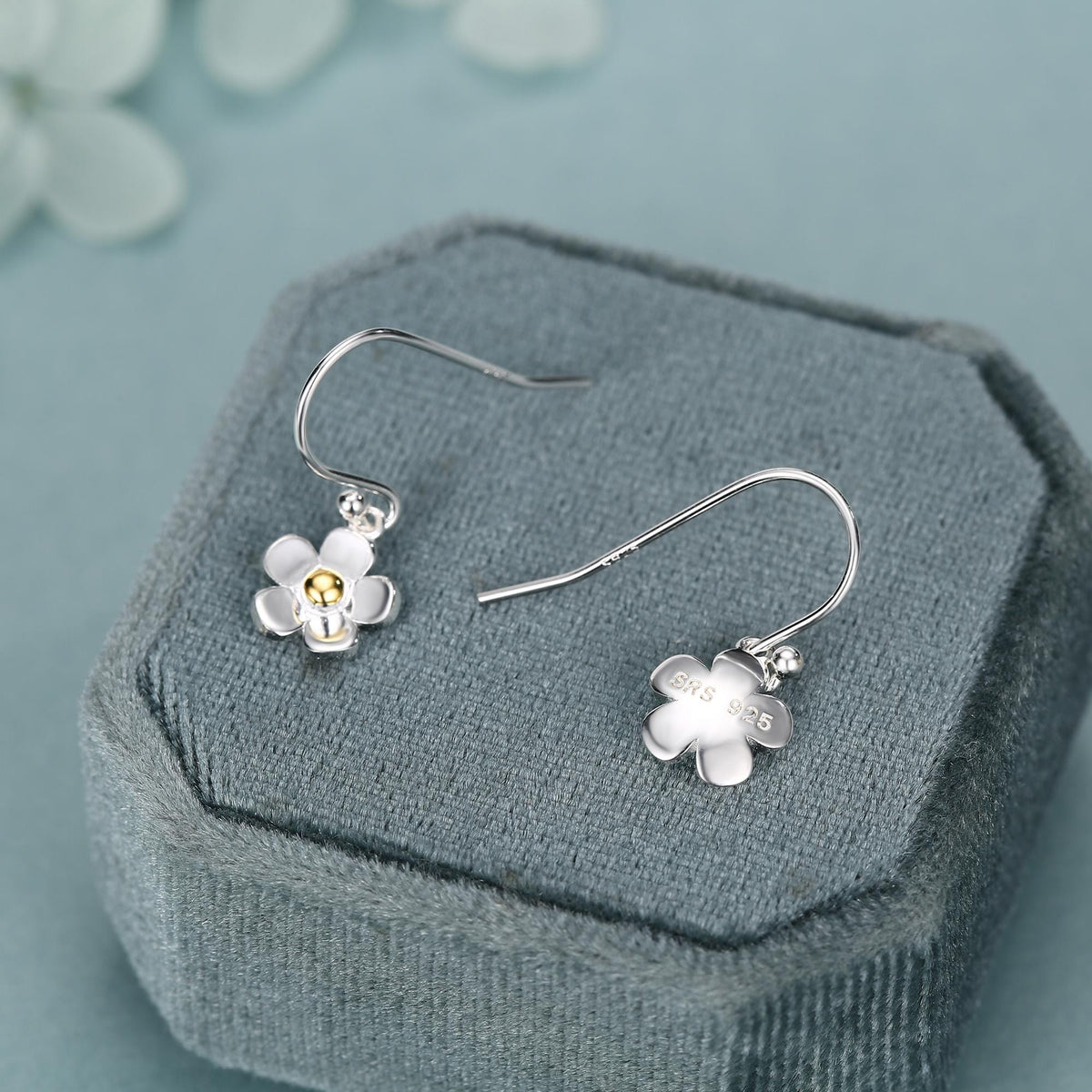Tiny Forget Me Not Flower Drop Hook Earrings in Sterling Silver, Partial Gold, Flower hoop Earrings, Daisy Floral Earrings