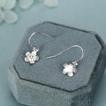 Tiny Forget Me Not Flower Drop Hook Earrings in Sterling Silver, Partial Gold, Flower hoop Earrings, Daisy Floral Earrings