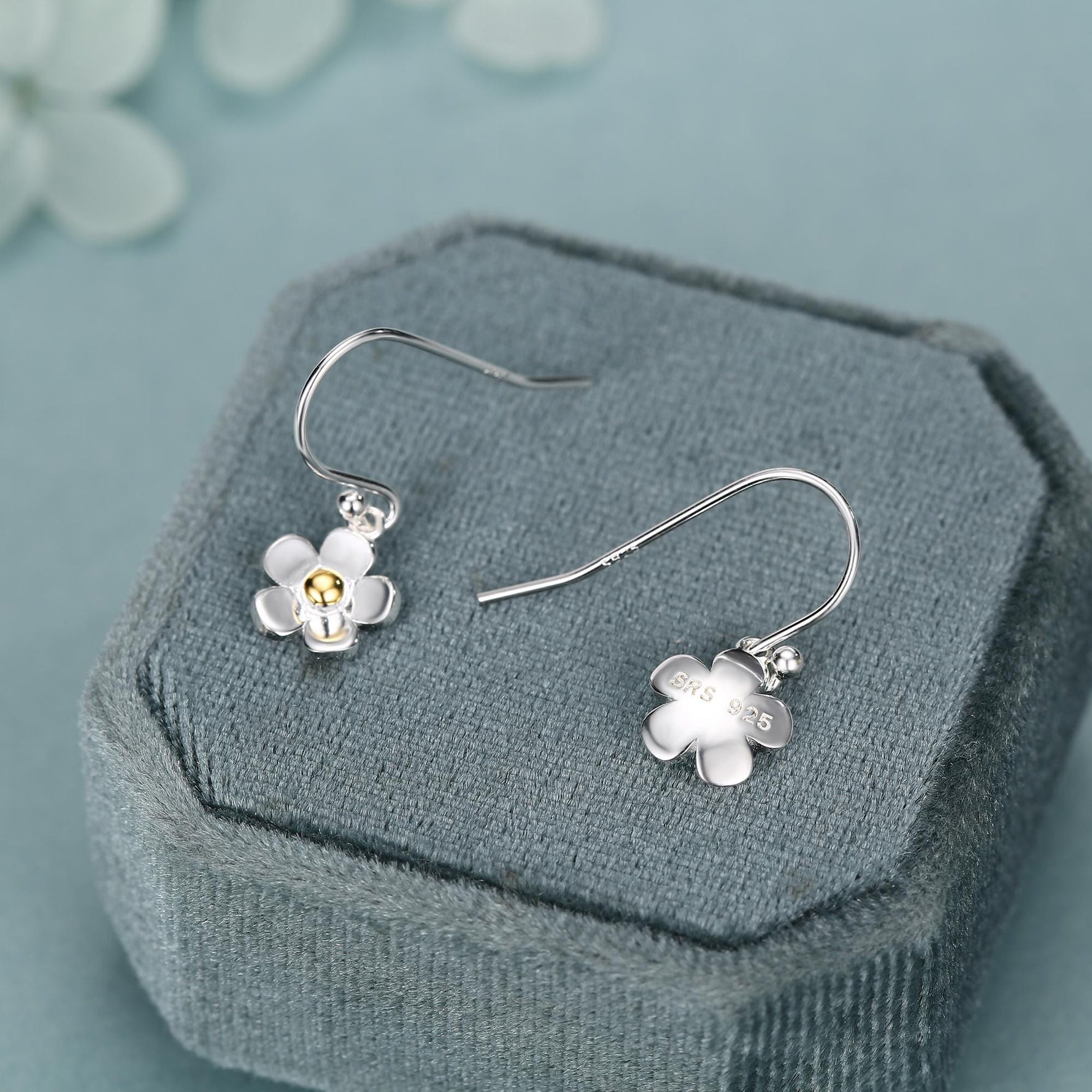 Tiny Forget Me Not Flower Drop Hook Earrings in Sterling Silver, Partial Gold, Flower hoop Earrings, Daisy Floral Earrings