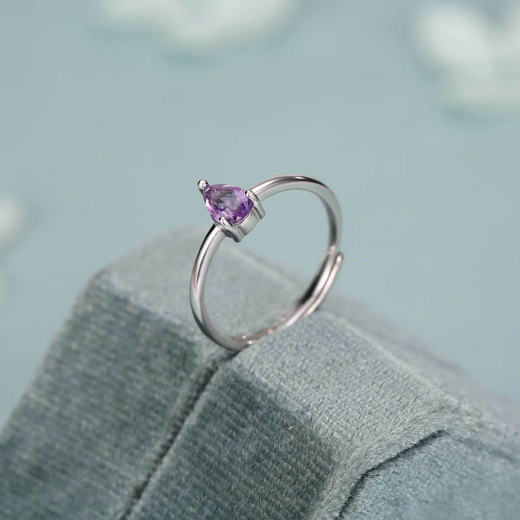 Amethyst Prong Set Pear Cut Droplet Gemstone Ring