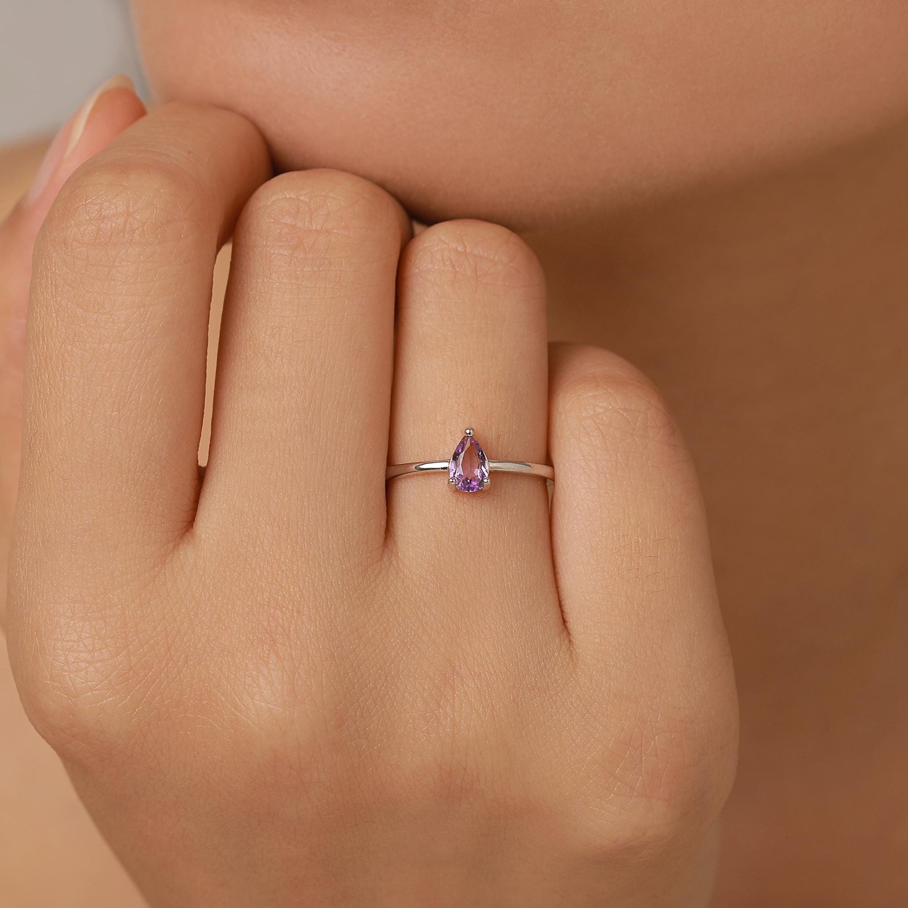Amethyst Prong Set Pear Cut Droplet Gemstone Ring