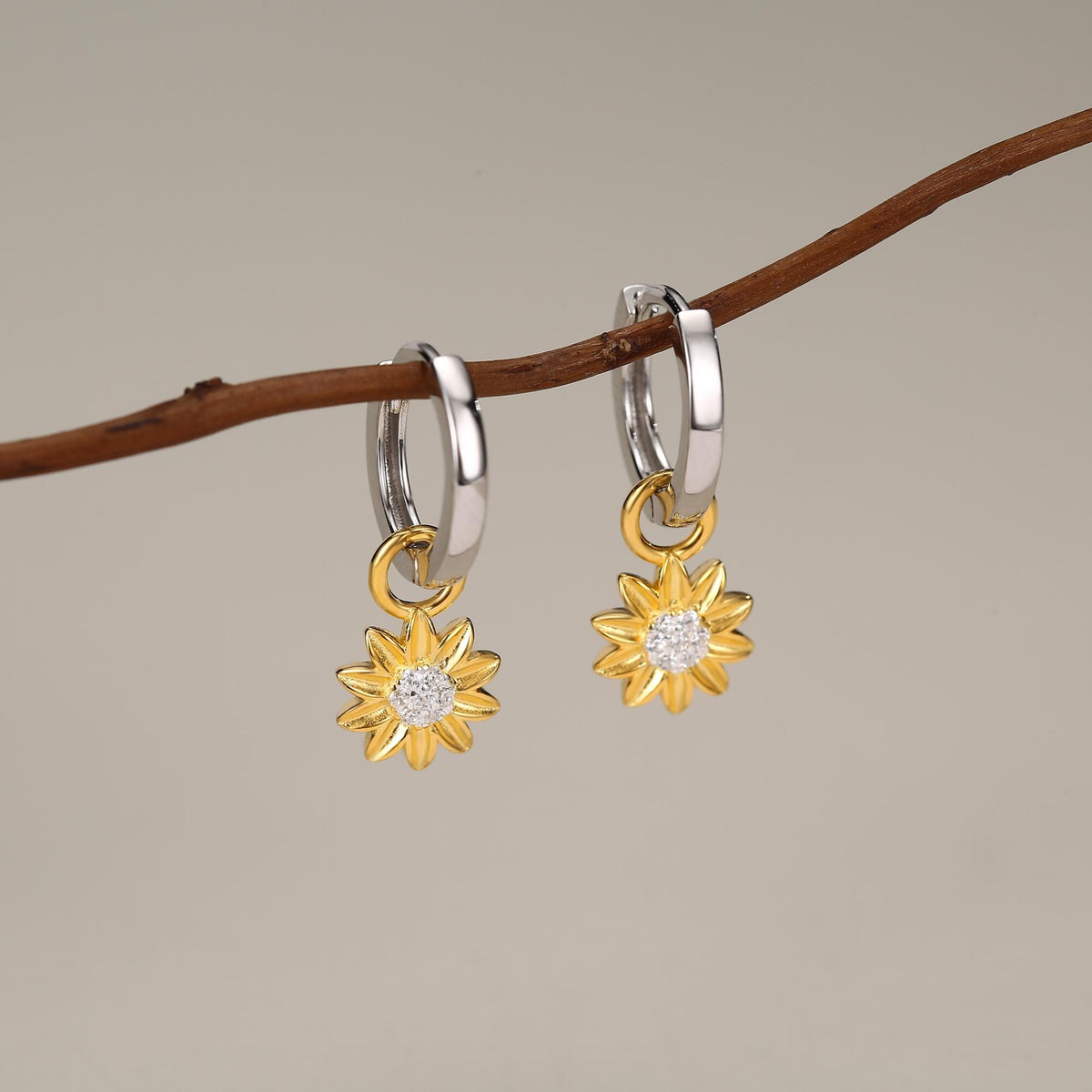 Sterling Silver Sunflower Huggie Hoops, Dainty Dangle Sunflower Earrings, Flower Hoops, Detachable and Interchangeable Hoops