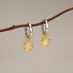 Sterling Silver Sunflower Huggie Hoops, Dainty Dangle Sunflower Earrings, Flower Hoops, Detachable and Interchangeable Hoops