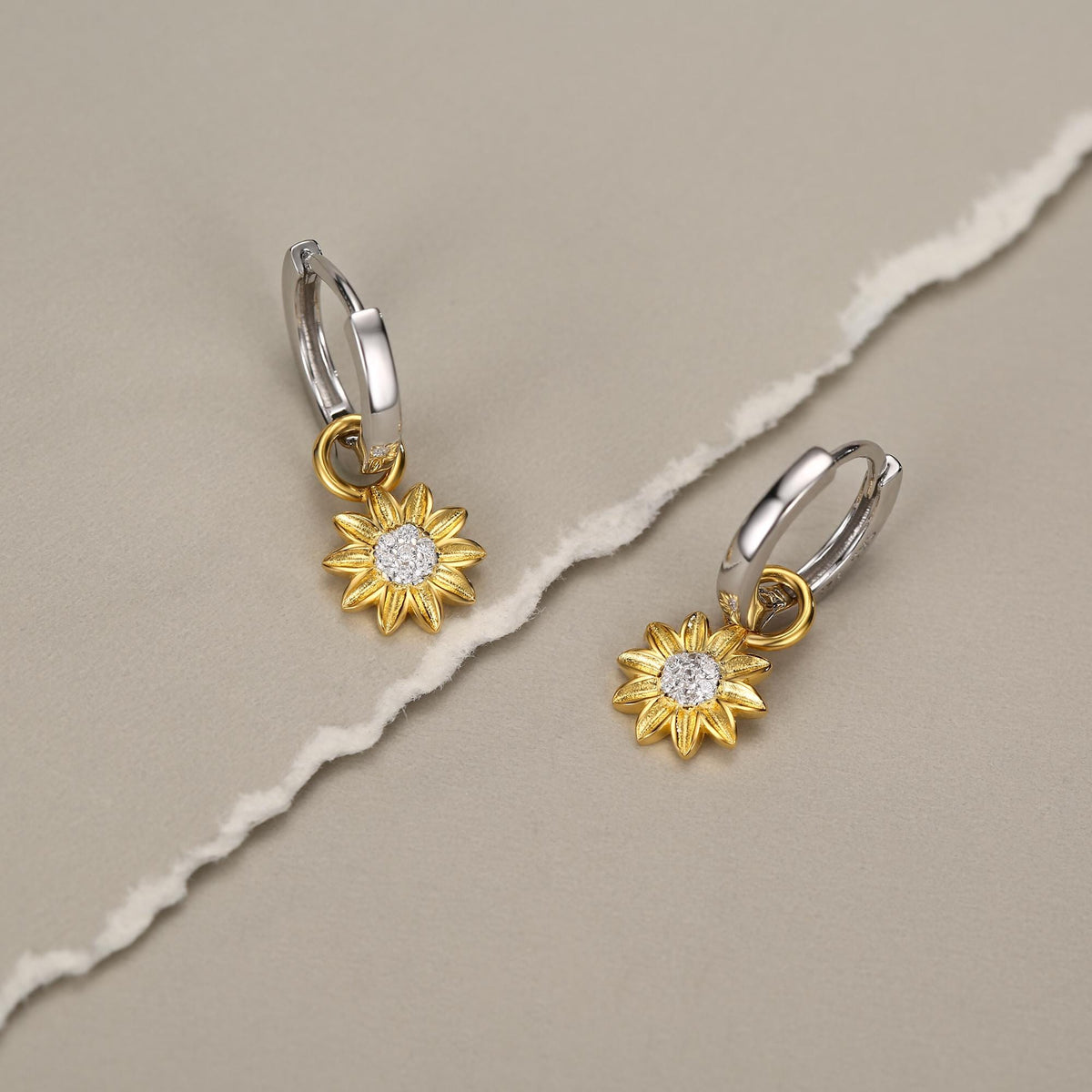 Sterling Silver Sunflower Huggie Hoops, Dainty Dangle Sunflower Earrings, Flower Hoops, Detachable and Interchangeable Hoops