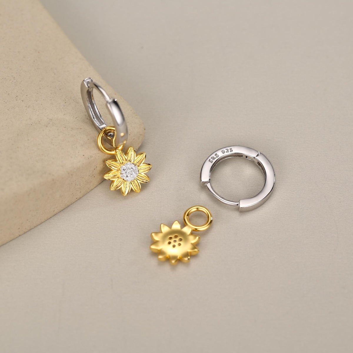 Sterling Silver Sunflower Huggie Hoops, Dainty Dangle Sunflower Earrings, Flower Hoops, Detachable and Interchangeable Hoops