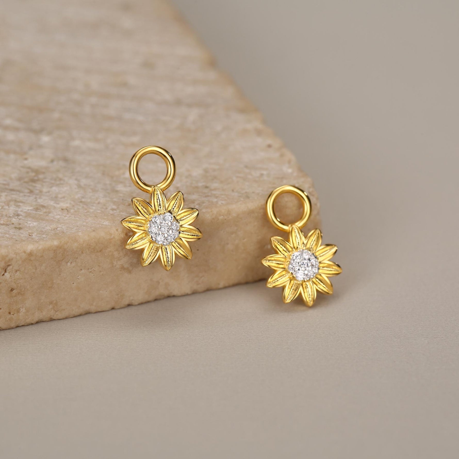 Sterling Silver Sunflower Huggie Hoops, Dainty Dangle Sunflower Earrings, Flower Hoops, Detachable and Interchangeable Hoops