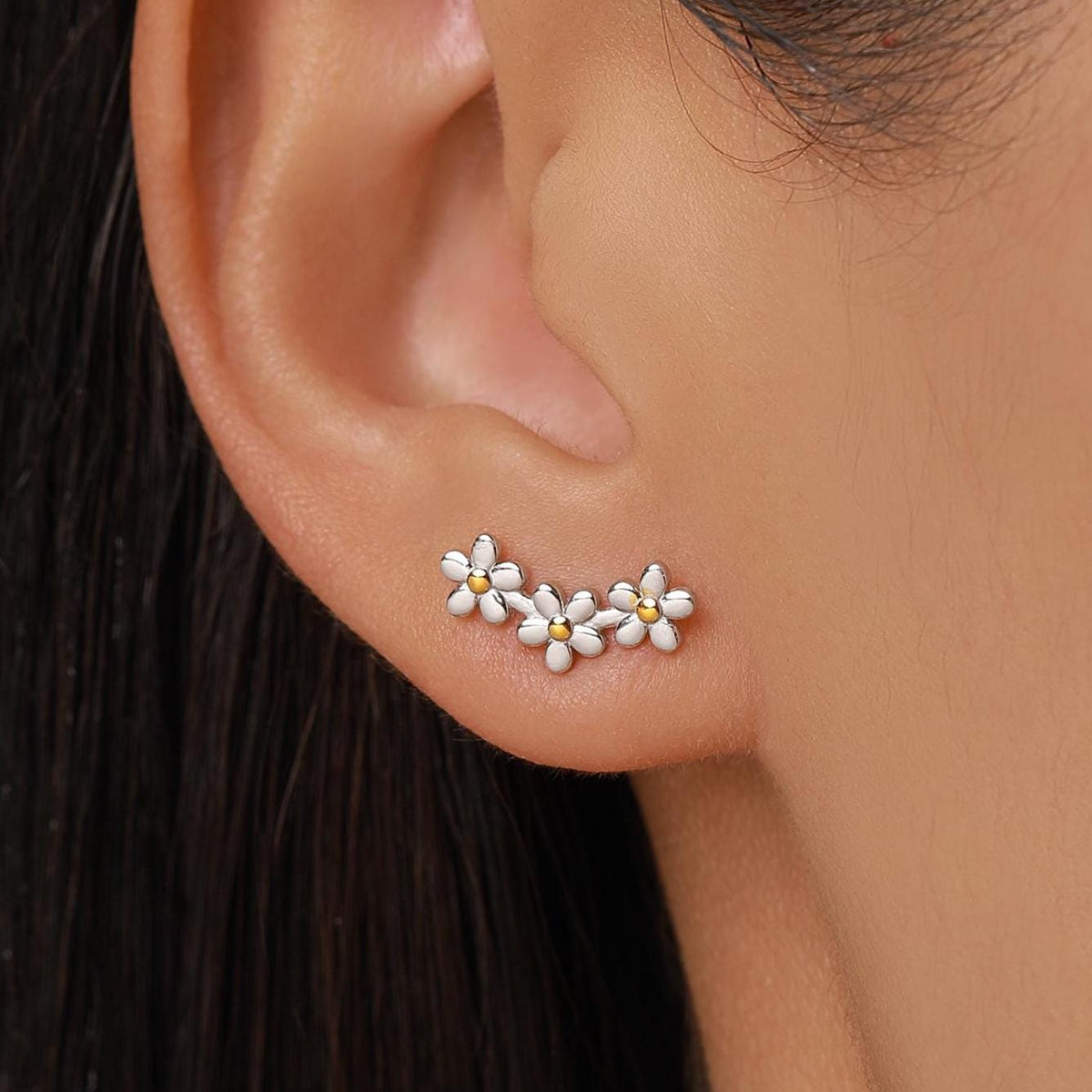 Forget-me-not Flower Stud Earrings in Sterling Silver, Three Flower Bouquet Earrings, Triple Daisy Flower Cluster Earrings