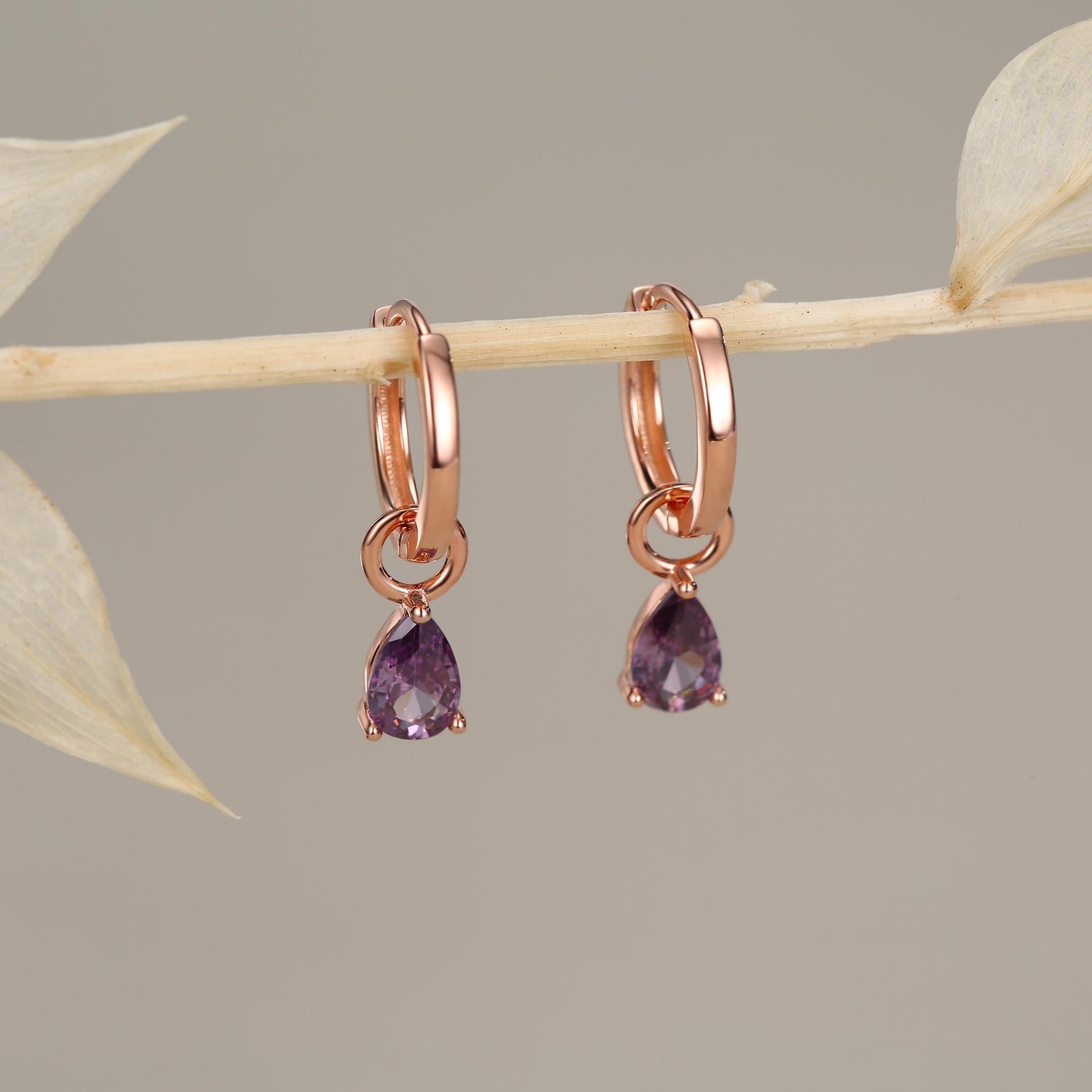 Sterling Silver Amethyst Purple CZ Droplet Hoop Earrings, Silver, Gold or Rose Gold, Pear Cut Drop Earrings, Interchangeable Charms