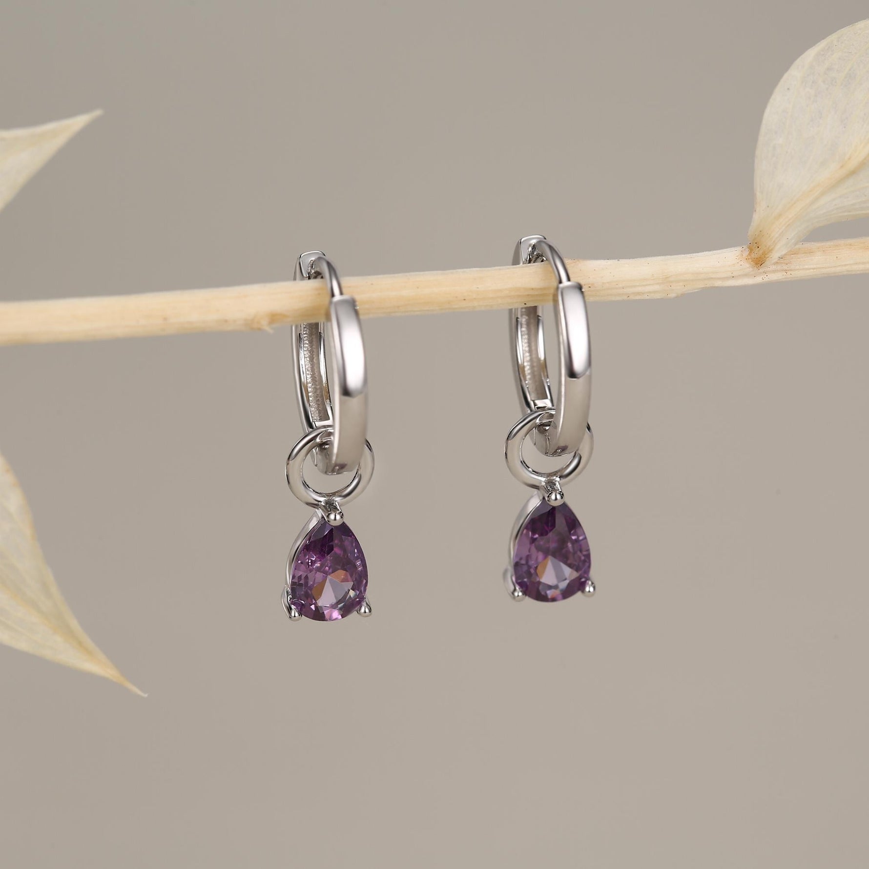 Sterling Silver Amethyst Purple CZ Droplet Hoop Earrings, Silver, Gold or Rose Gold, Pear Cut Drop Earrings, Interchangeable Charms