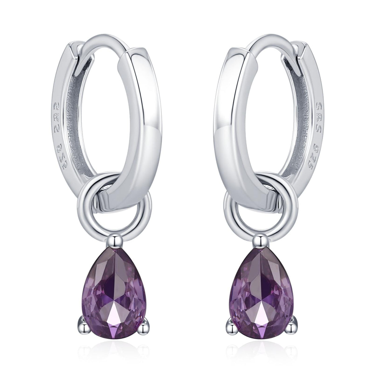 Sterling Silver Amethyst Purple CZ Droplet Hoop Earrings, Silver, Gold or Rose Gold, Pear Cut Drop Earrings, Interchangeable Charms