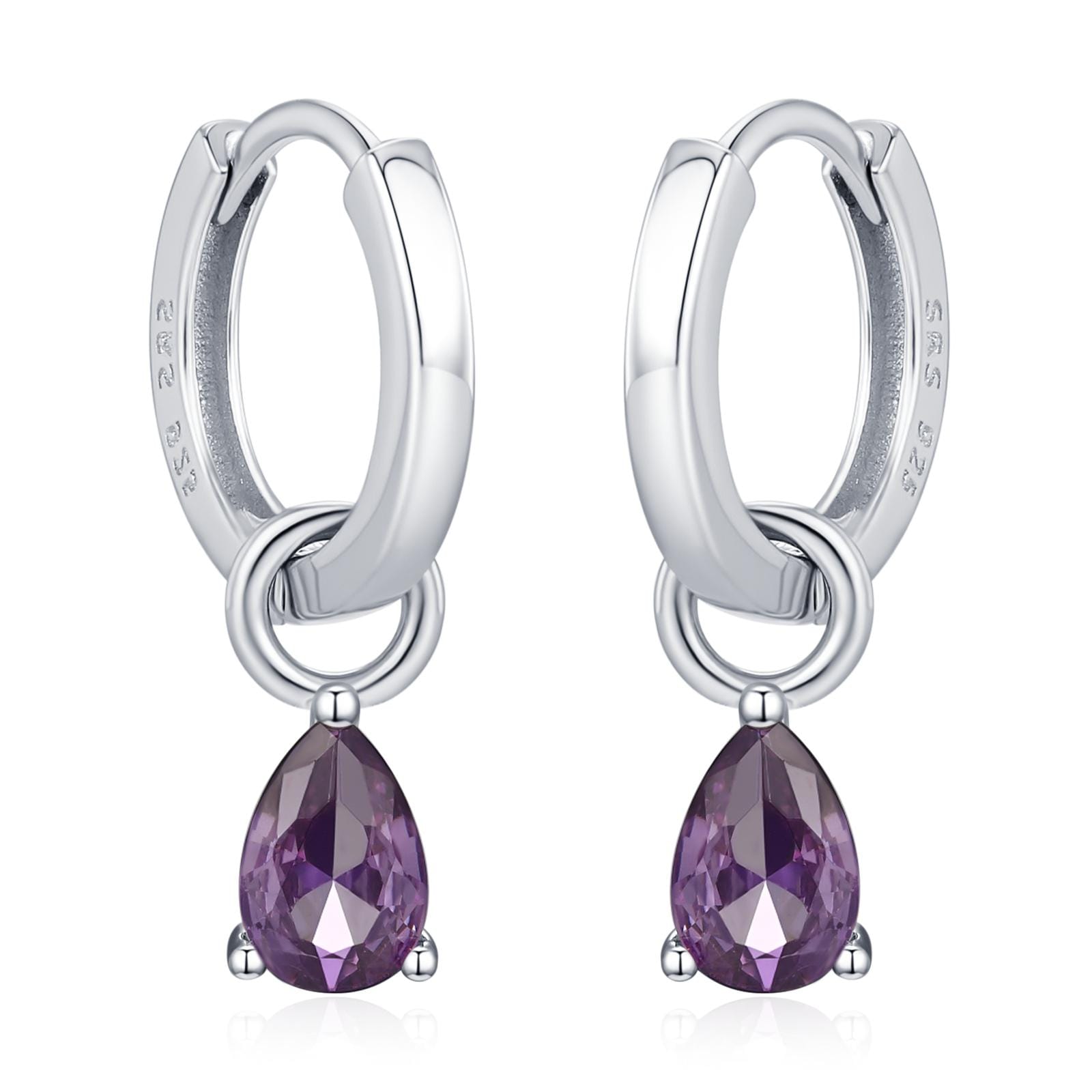 Sterling Silver Amethyst Purple CZ Droplet Hoop Earrings, Silver, Gold or Rose Gold, Pear Cut Drop Earrings, Interchangeable Charms