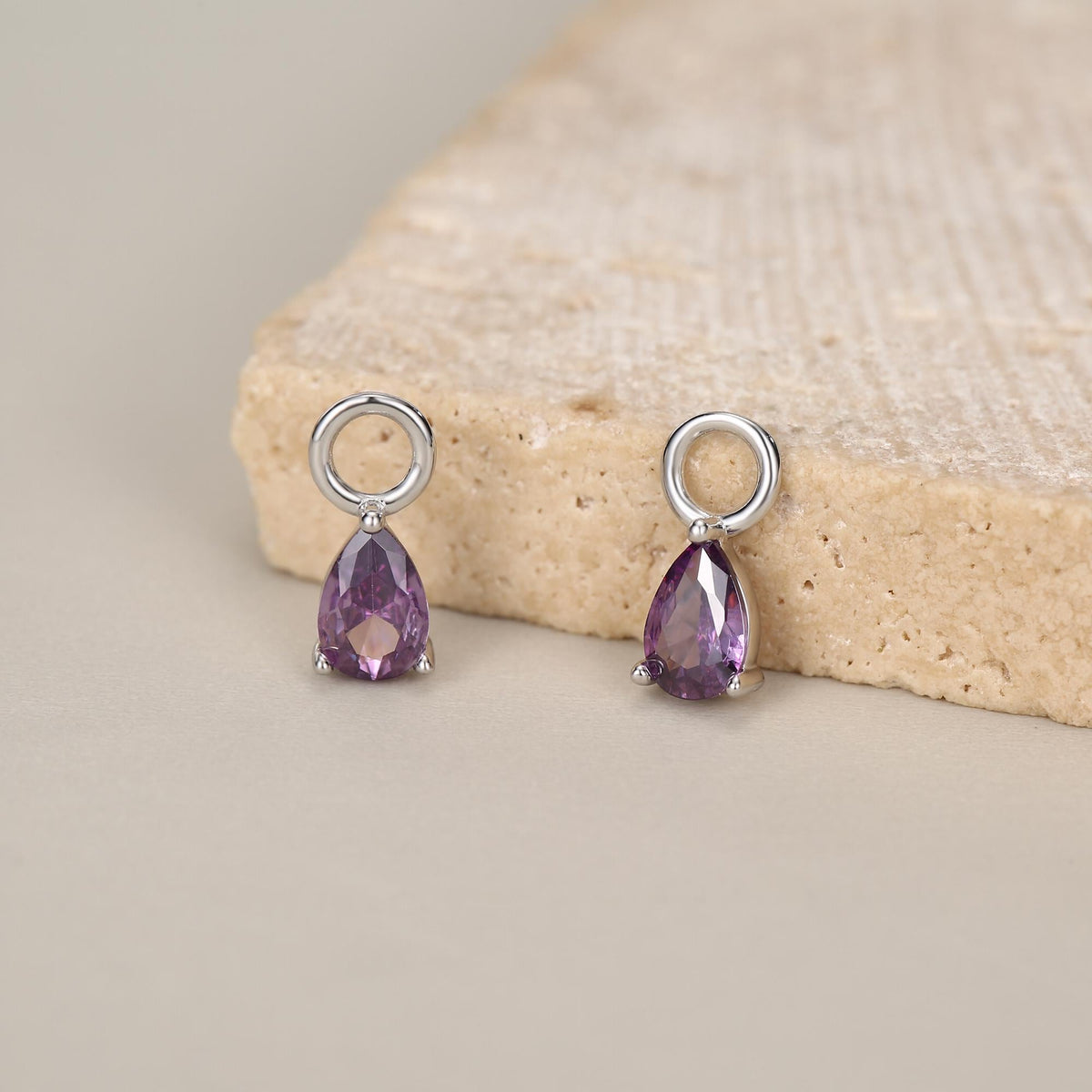 Sterling Silver Amethyst Purple CZ Droplet Hoop Earrings, Silver, Gold or Rose Gold, Pear Cut Drop Earrings, Interchangeable Charms