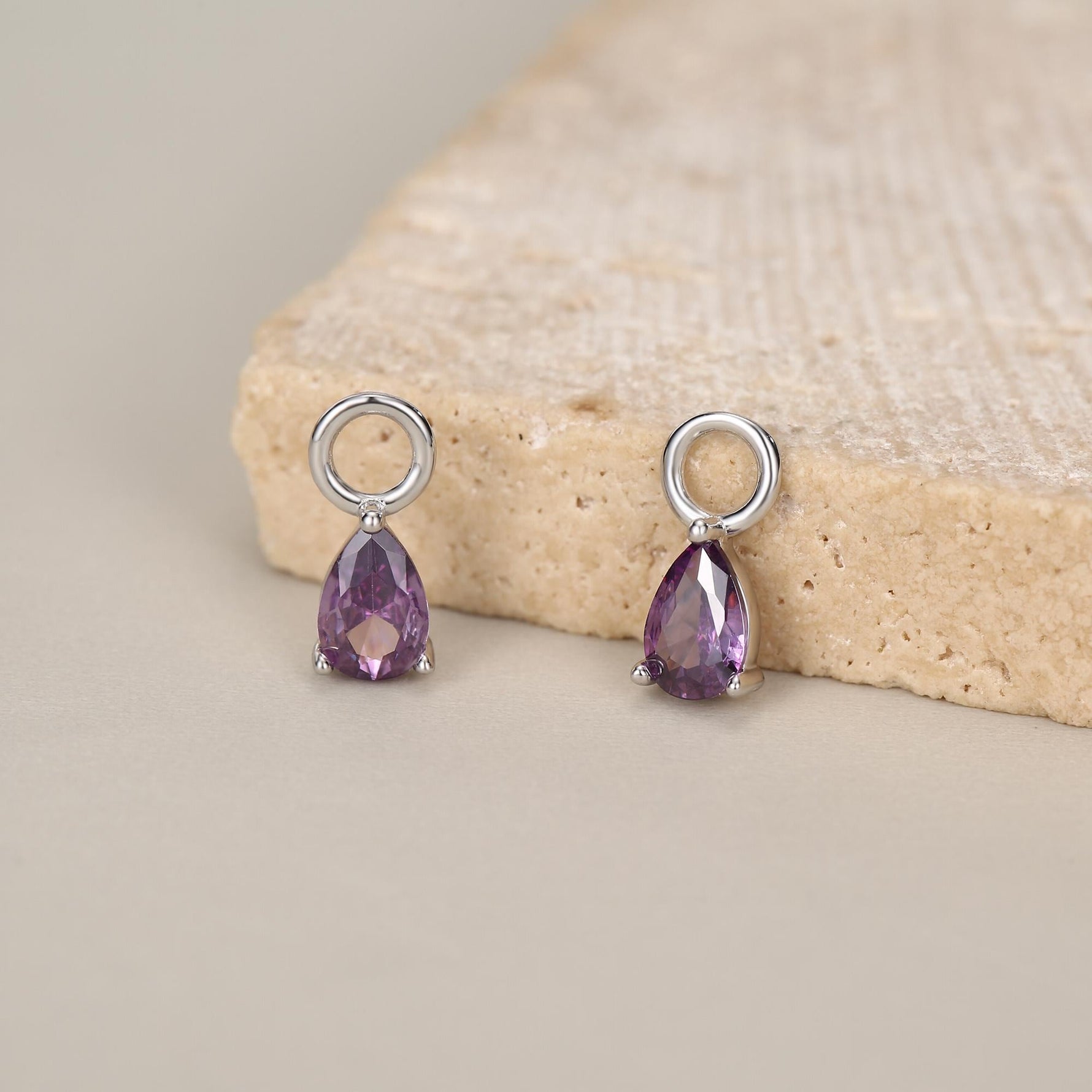 Sterling Silver Amethyst Purple CZ Droplet Hoop Earrings, Silver, Gold or Rose Gold, Pear Cut Drop Earrings, Interchangeable Charms