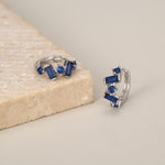 Sapphire Blue Baguette CZ Cluster Huggie Hoop in Sterling Silver, Silver or Gold, Geometric Hoop Earrings, Irregular Shaped