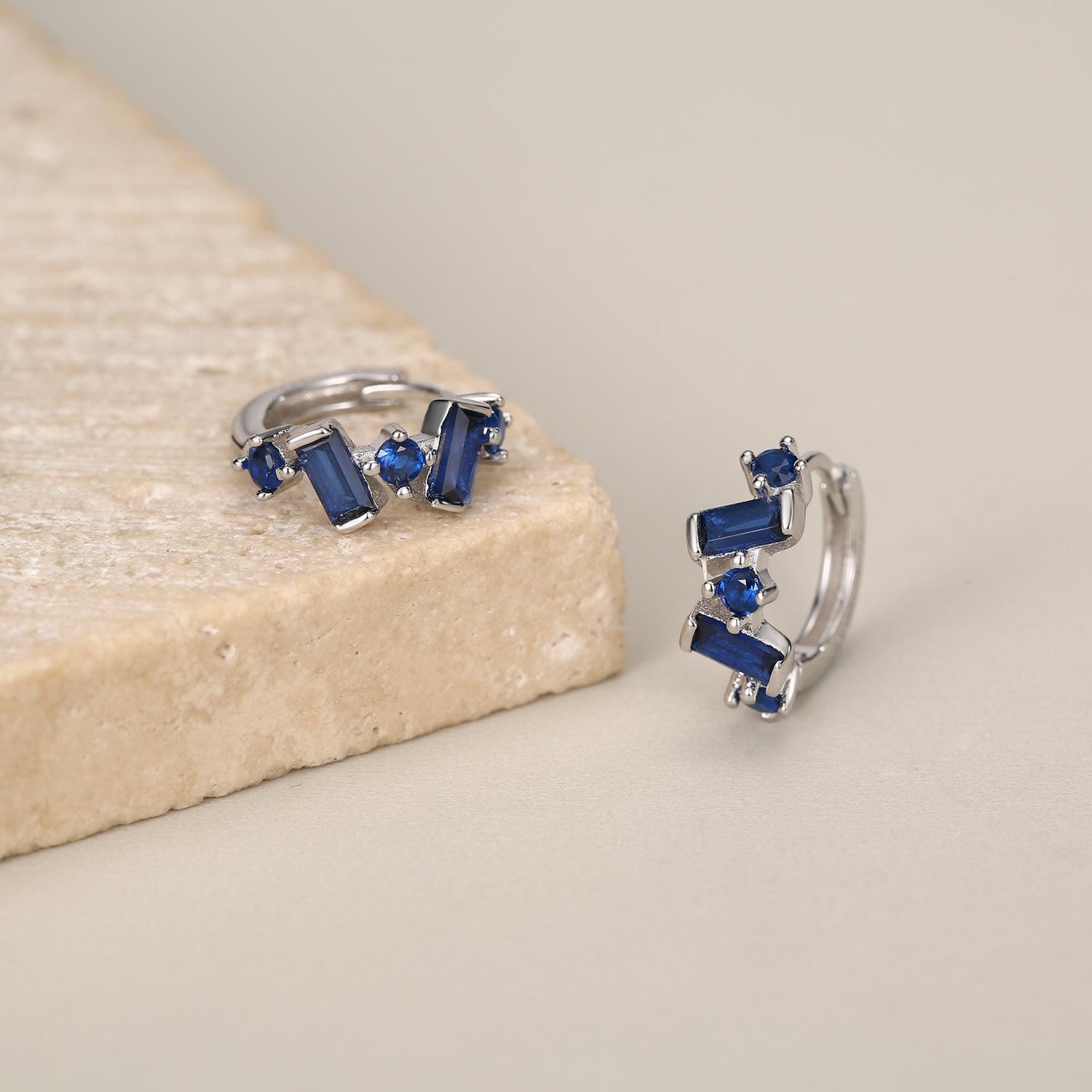 Sapphire Blue Baguette CZ Cluster Huggie Hoop in Sterling Silver, Silver or Gold, Geometric Hoop Earrings, Irregular Shaped