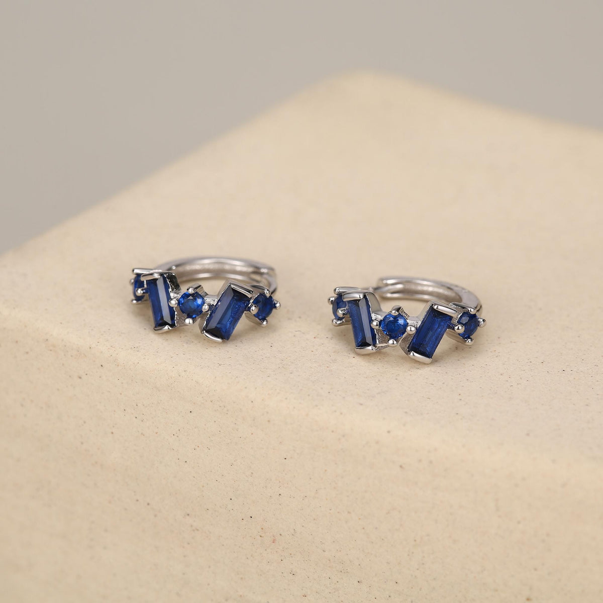 Sapphire Blue Baguette CZ Cluster Huggie Hoop in Sterling Silver, Silver or Gold, Geometric Hoop Earrings, Irregular Shaped